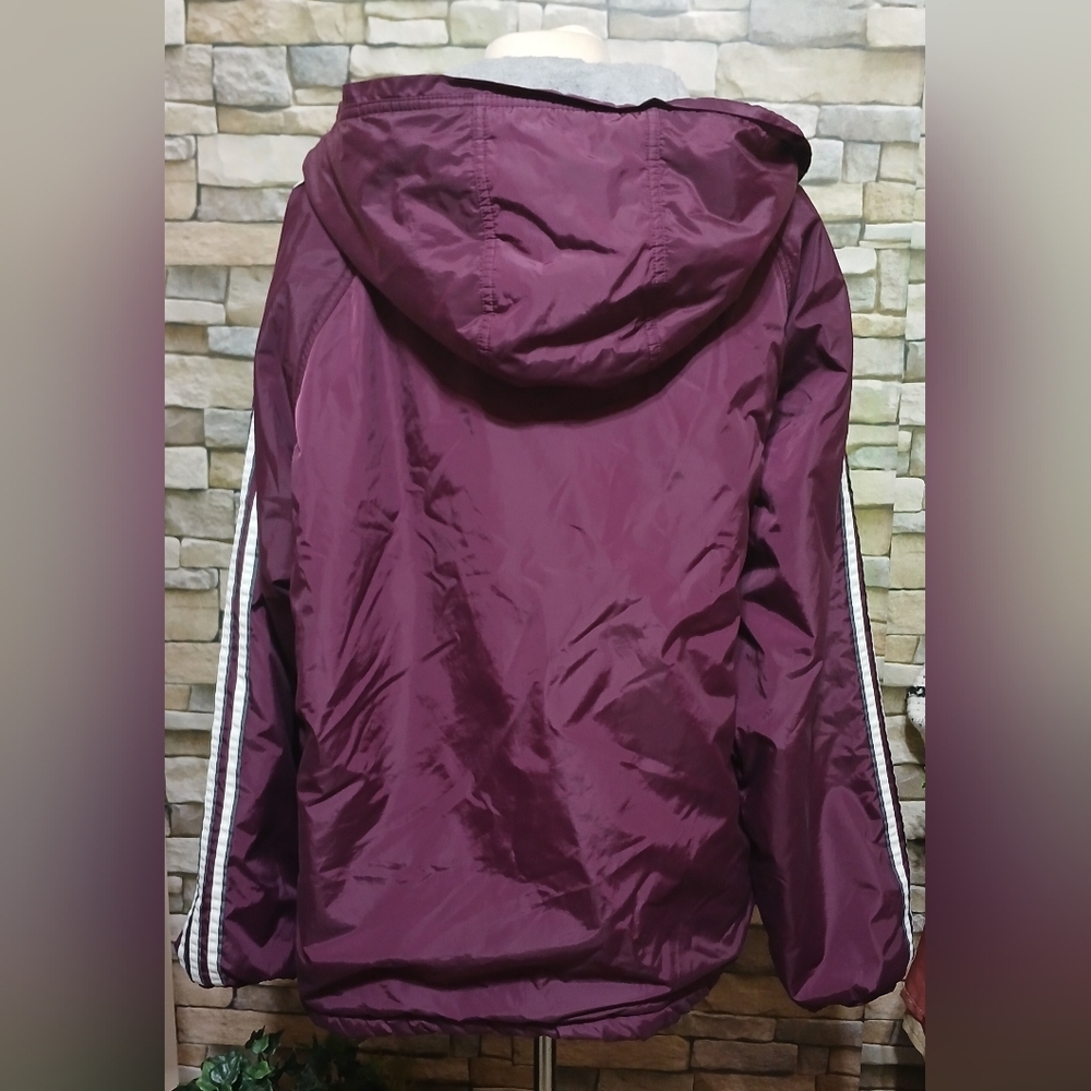 Vintage Y2K Adidas Reversible Jacket Men’s L Hooded Burgundy Maroon 3 Stripe - Picture 3 of 7